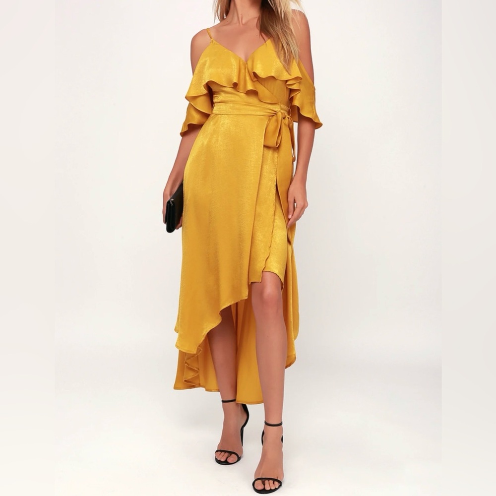 Lulus Layla Mustard Yellow Satin Wrap Off-Shoulder Dress